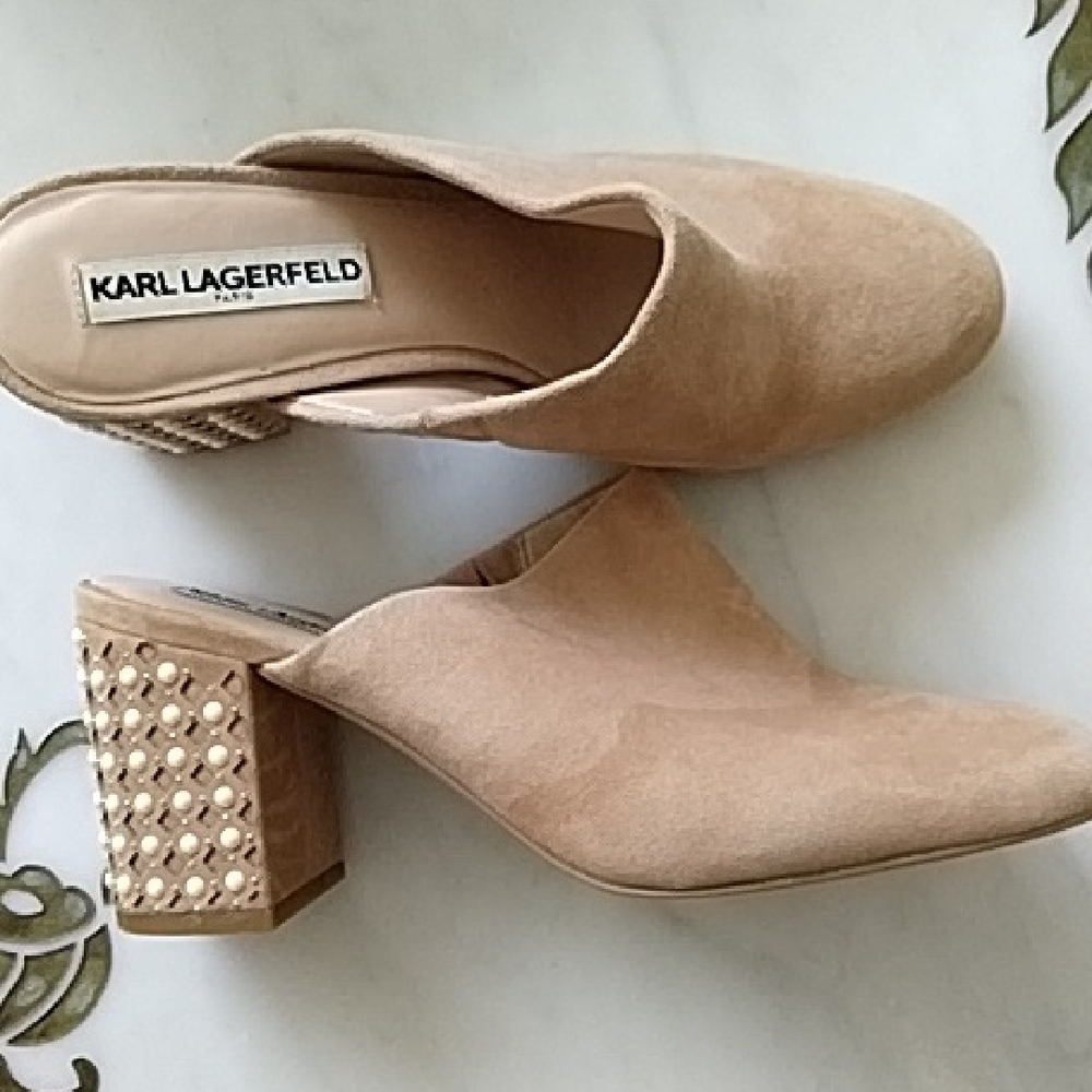 Karl Lagerfeld Tan Mules with Pointed Toe and Block Heel